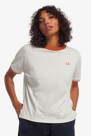 White Fred Perry Knitted Trim Women's T Shirts | PH 2037YXFU